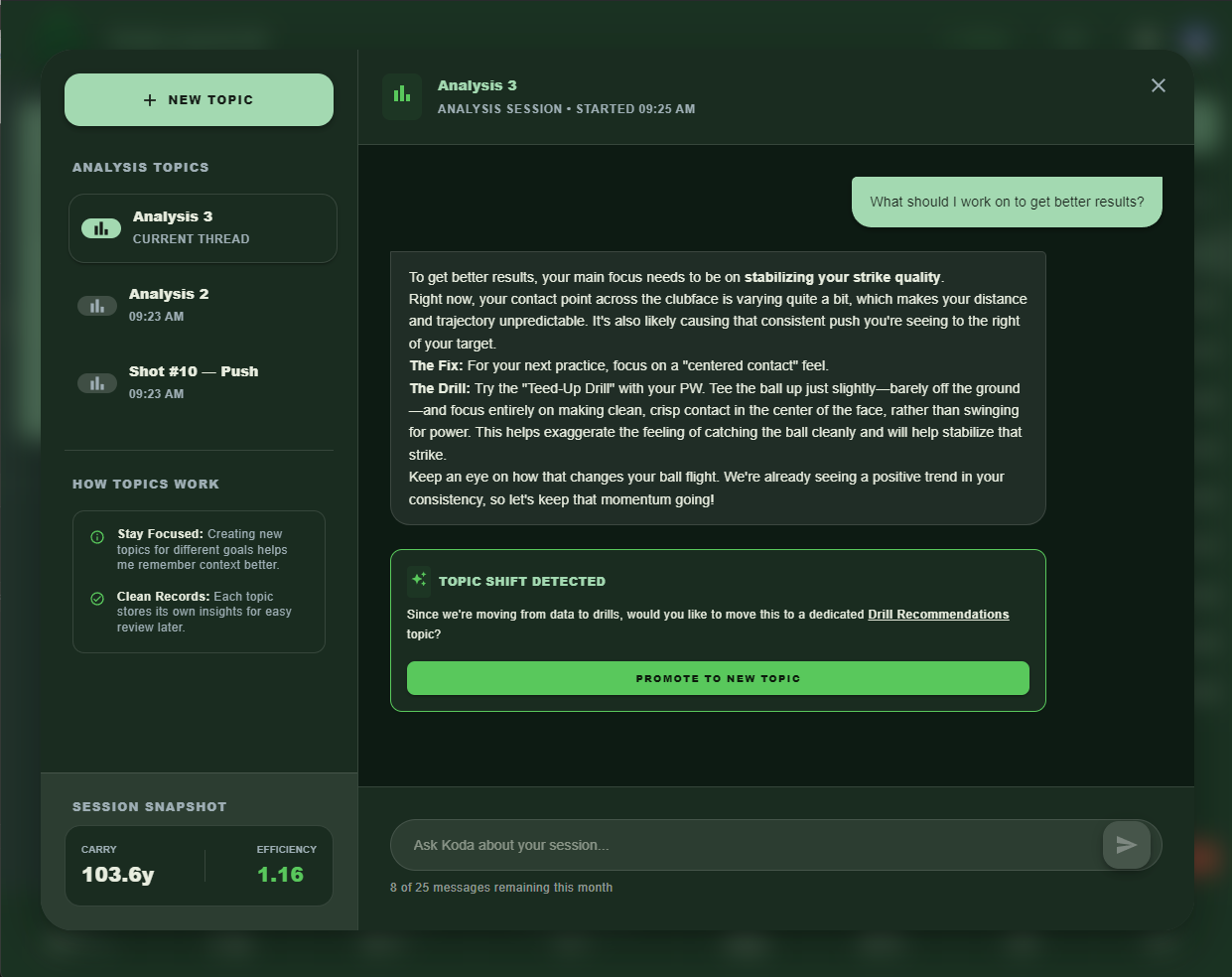 Koda Coach Hub — dark mode